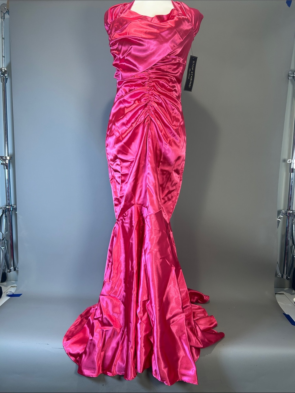 Stop Staring Hot Pink Halter Mermaid Satin Ruched Cocktail Dress Medium 8 NWT